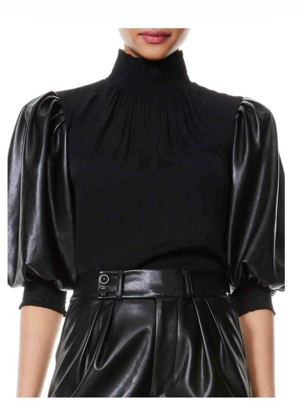 ALICE & OLIVIA CARMINA VEGAN LEATHER SLEEVE BLOUSE Black XS NWT